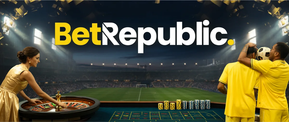 BetRepublic wordmark over a floodlit stadium with a roulette table and two footballers in yellow