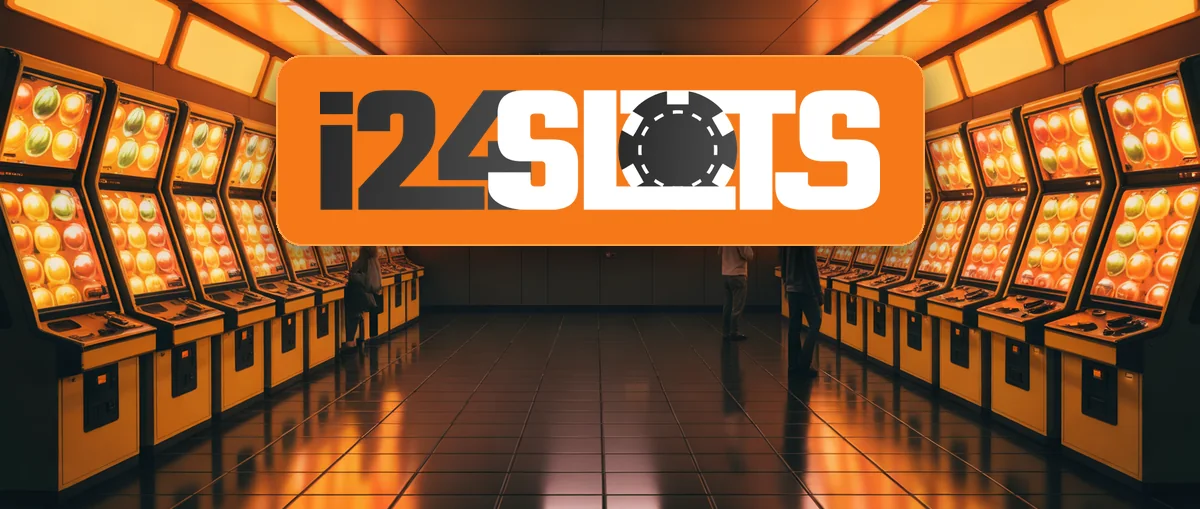i24Slots wordmark above two rows of orange-lit fruit machines in a dark arcade hall